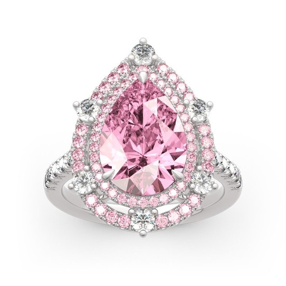 DOUBLE HALO PEAR CUT PINK STERLING SILVER RING - Picture 1 of 8